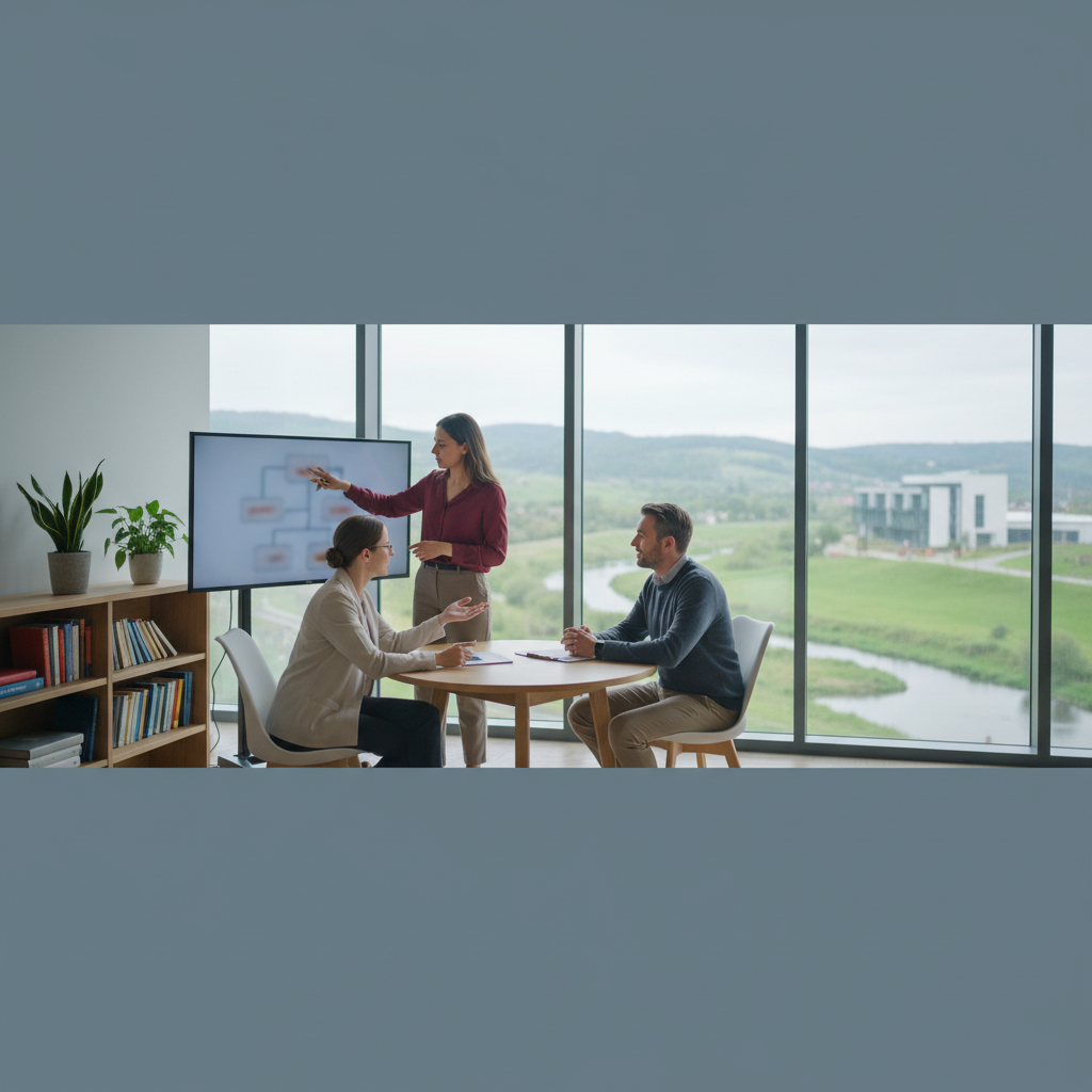 Three professionals discuss marketing strategies in a modern office with a view