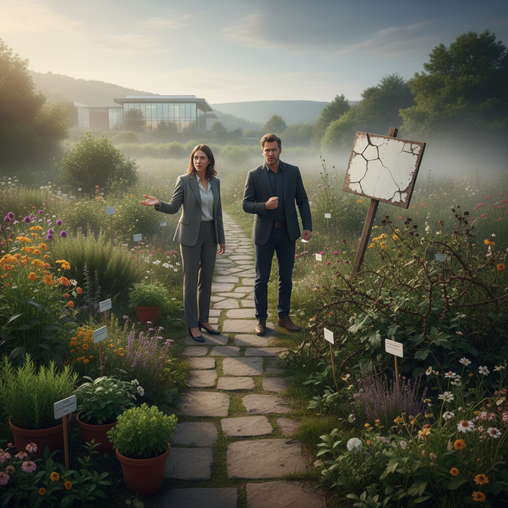 Two people in a garden path, one pointing to a cracked signpost