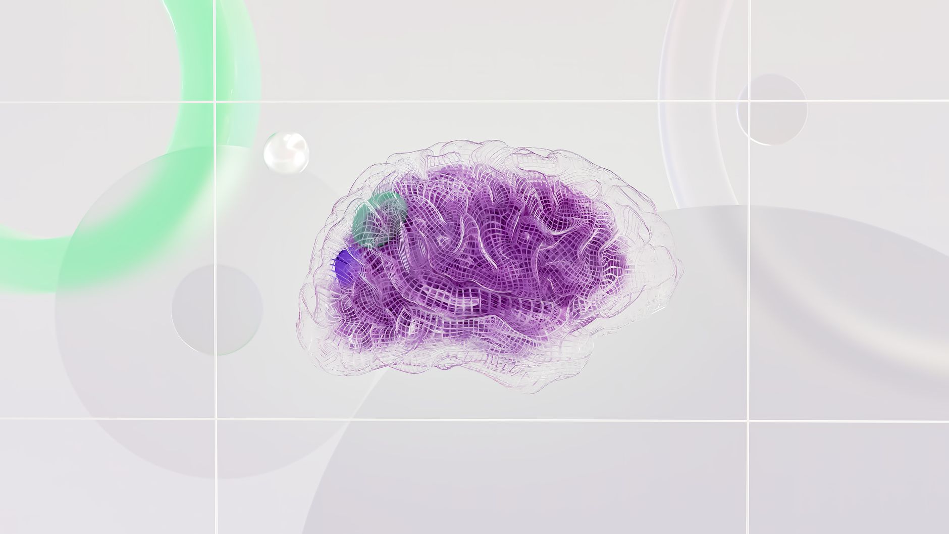 Wireframe purple brain model representing AI-driven search with abstract shapes