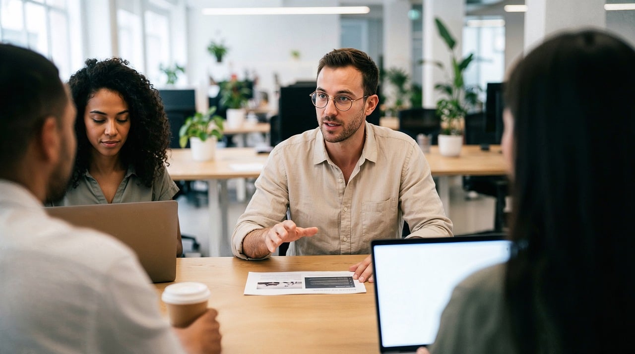 Professionals discuss website development pricing models in a modern office environment