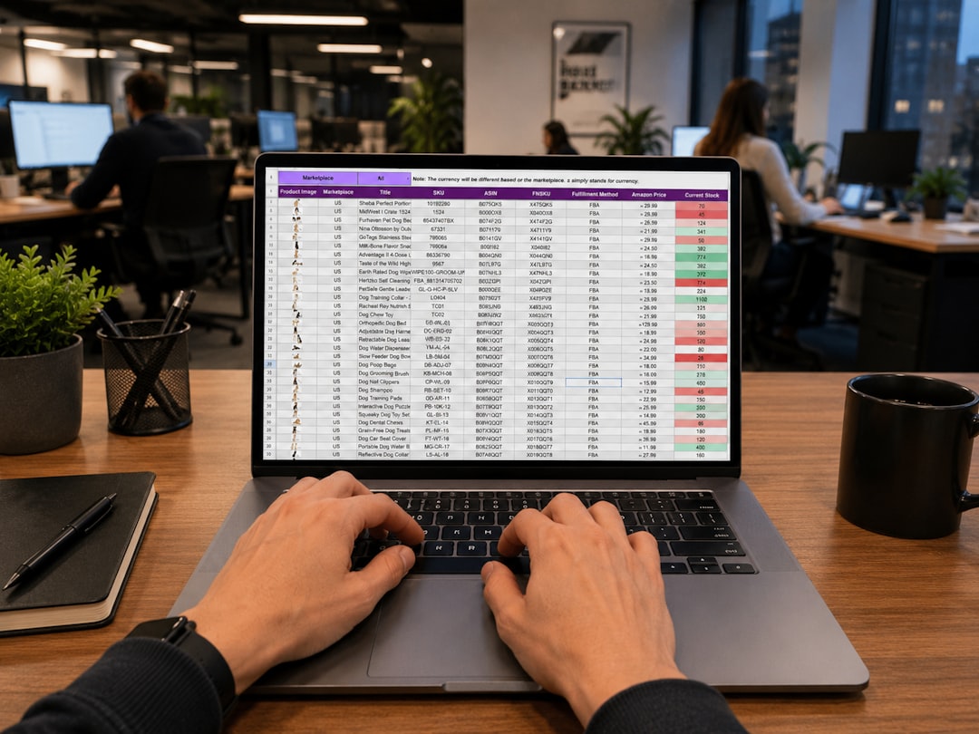 Hands type on a laptop displaying an ecommerce product inventory spreadsheet with stock levels