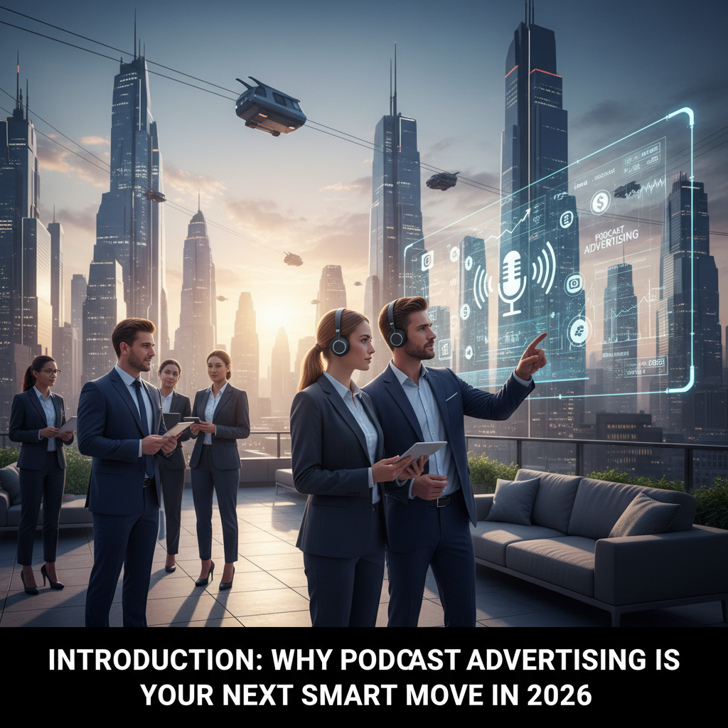 Podcast host speaking enthusiastically into a professional microphone, gesturing to a product on their desk. — podcast advertising benefits