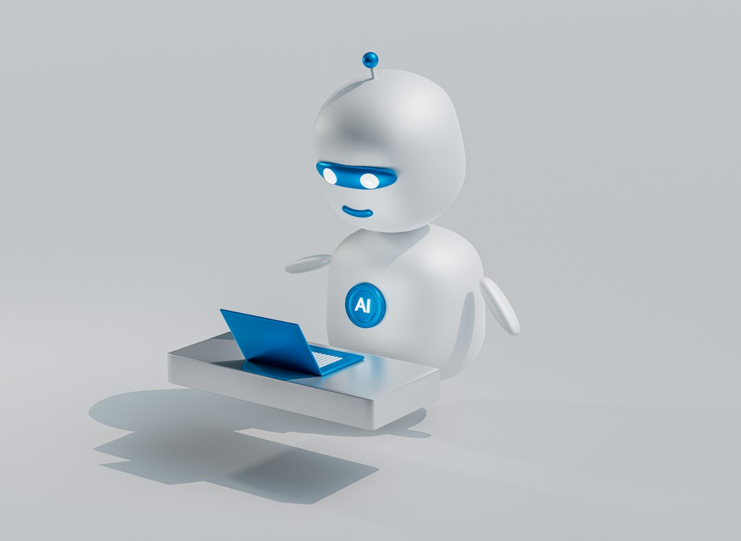 White cartoon AI robot with blue eyes and an AI symbol using a laptop