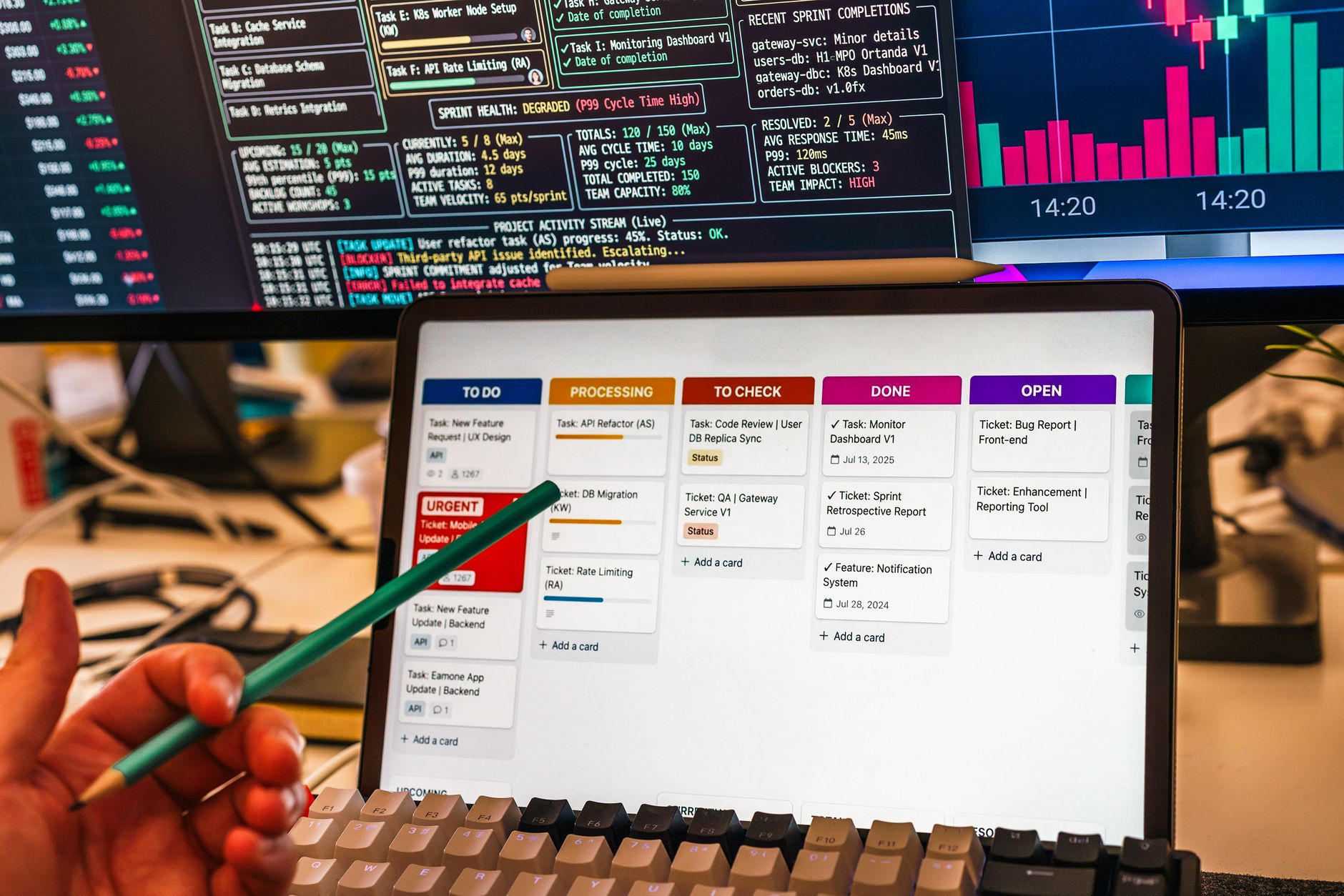 A person's hand points to an agile project management dashboard on a laptop