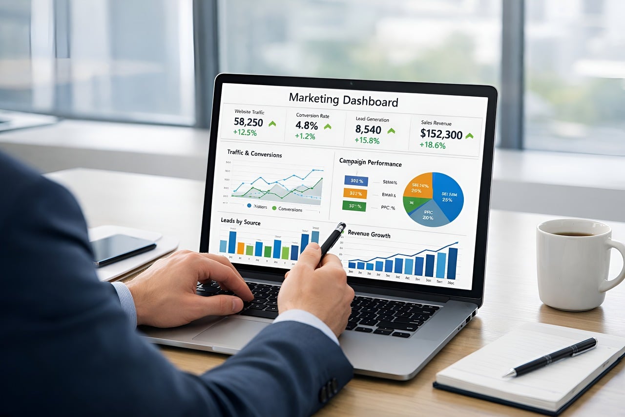 Person reviewing a laptop screen showing a marketing performance dashboard with charts and data