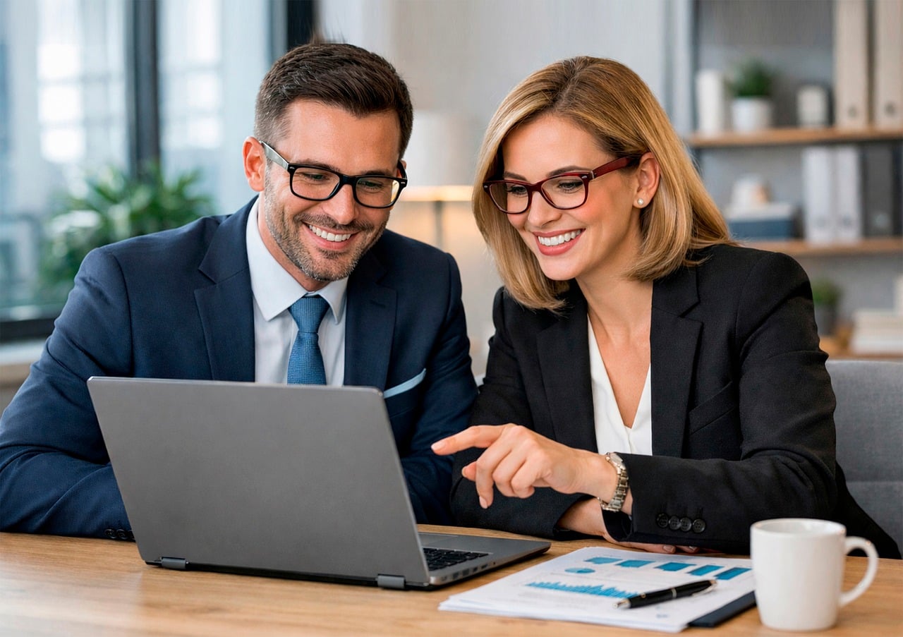 Two smiling business professionals looking at a laptop and discussing data charts