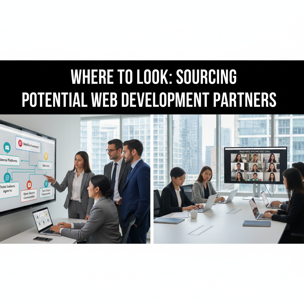 A team of web developers collaborating around a screen displaying website code and design mockups. — choosing a web development partner