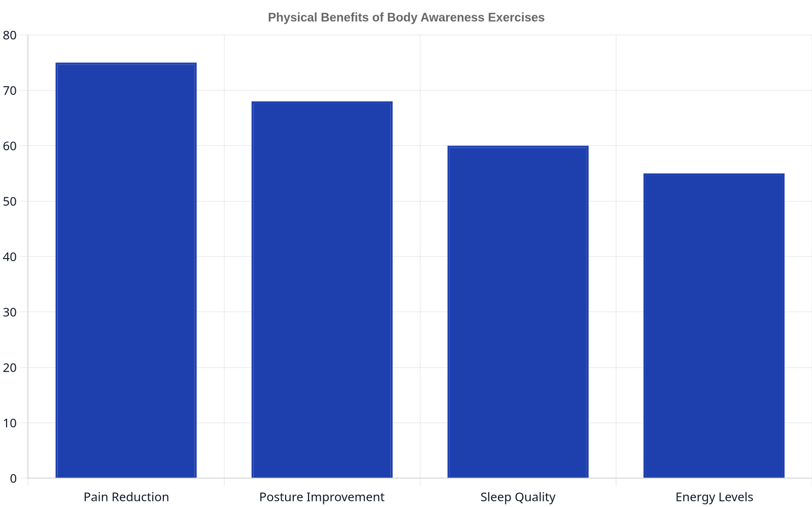 Bar chart illustrating physical health improvements from body awareness: Pain Reduction (75%), Posture Improvement (68%), Sleep Quality (60%), and Energy Levels (55%).
