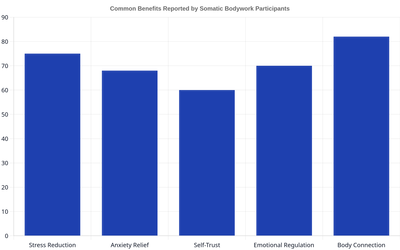 Bar chart showing reported improvements from somatic bodywork, with stress reduction at 75%, anxiety relief at 68%, self-trust at 60%, emotional regulation at 70%, and body connection at 82%.