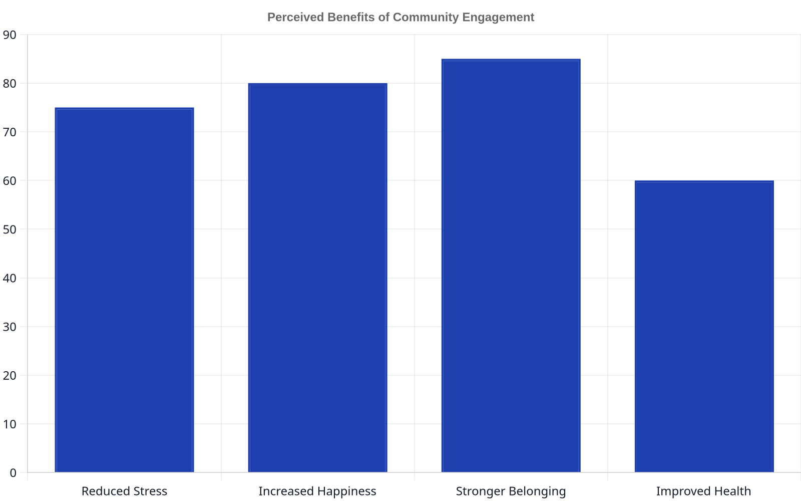 Bar chart showing perceived benefits of community engagement, with categories like Reduced Stress, Increased Happiness, Stronger Belonging, and Improved Health, and their corresponding positive impact percentages.