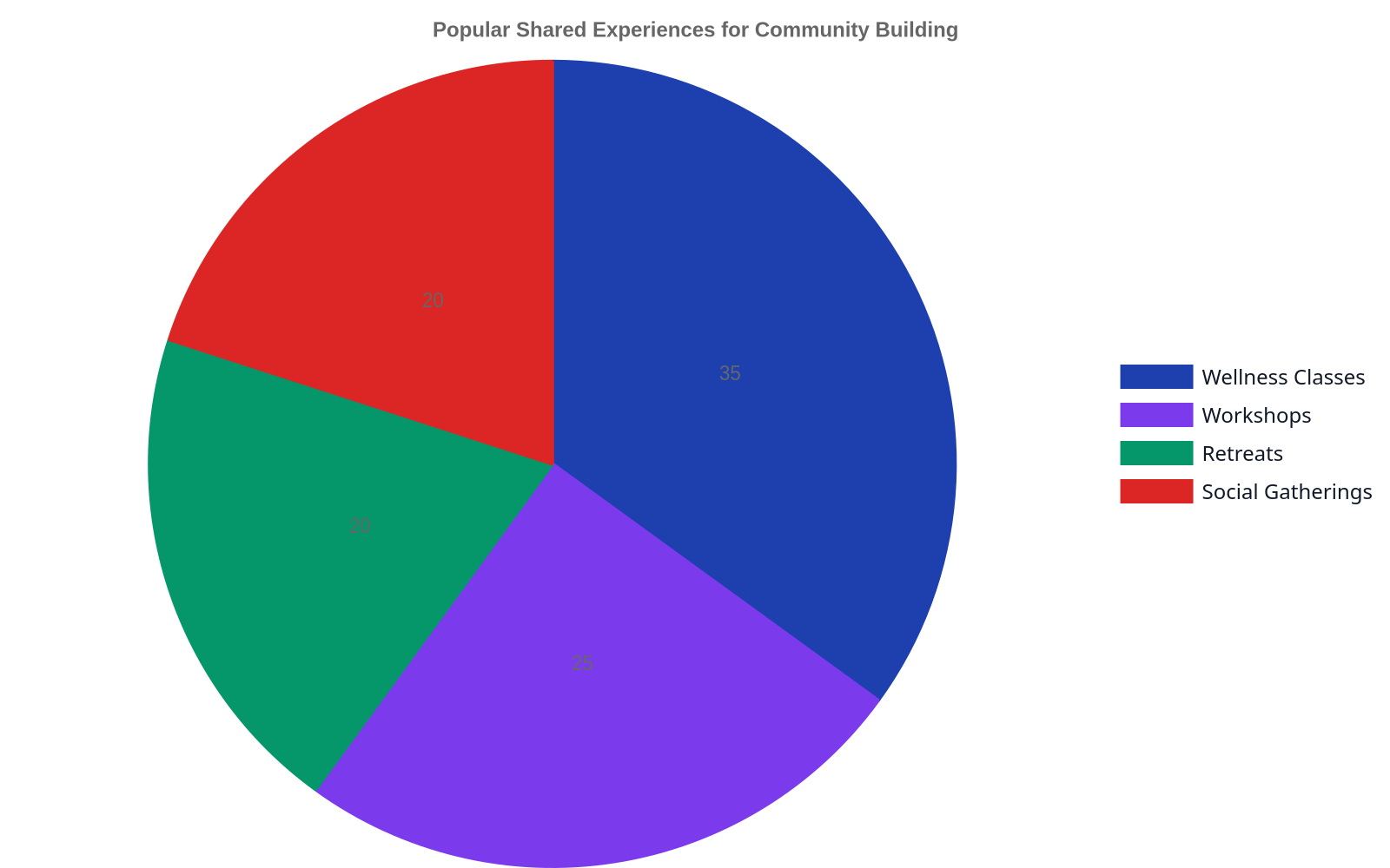 Pie chart showing the popularity of different shared experiences for community building, with Wellness Classes at 35%, Workshops at 25%, Retreats at 20%, and Social Gatherings at 20%.